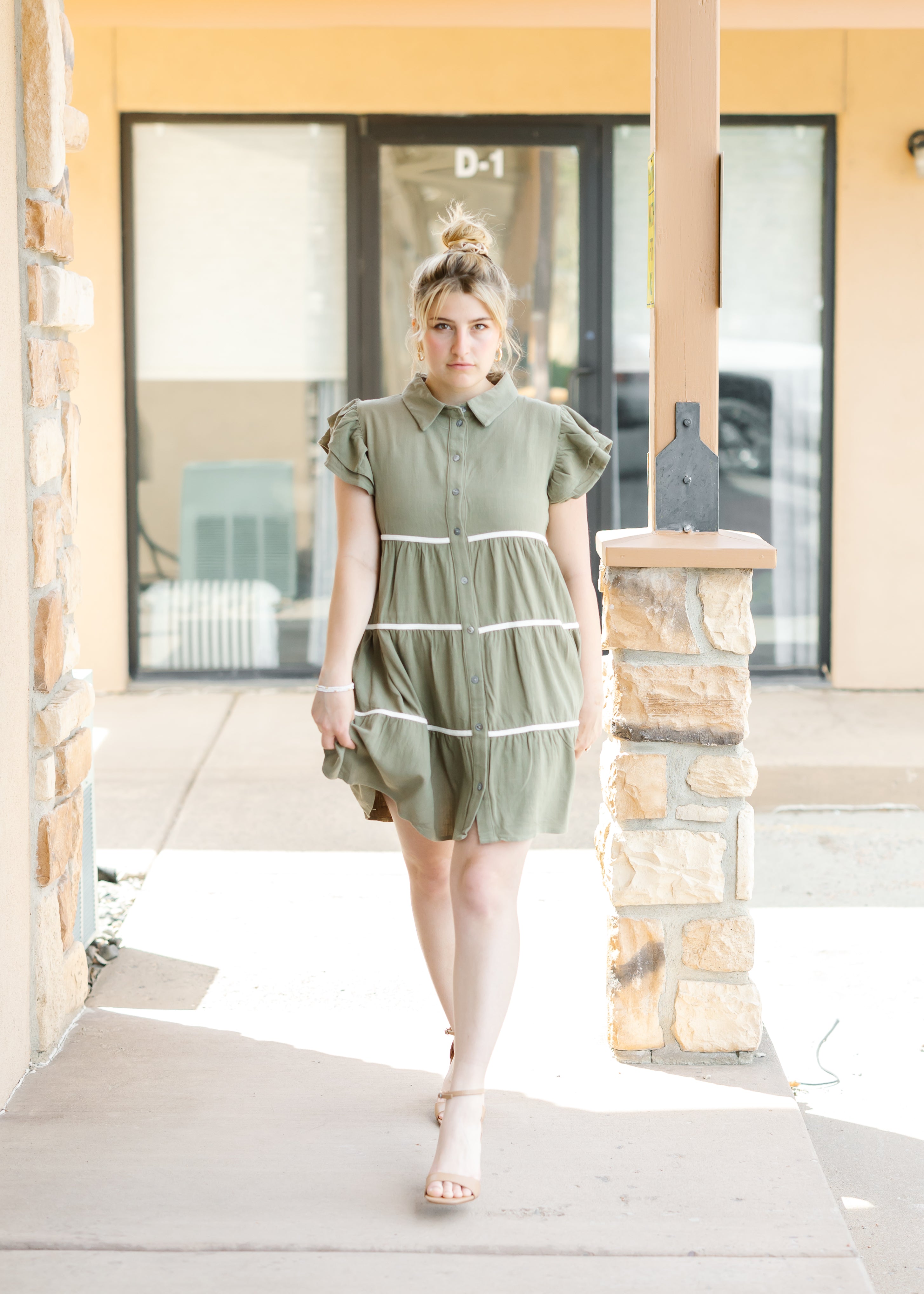 Ruffle Sleeve Woven Tiered Button Down Dress
