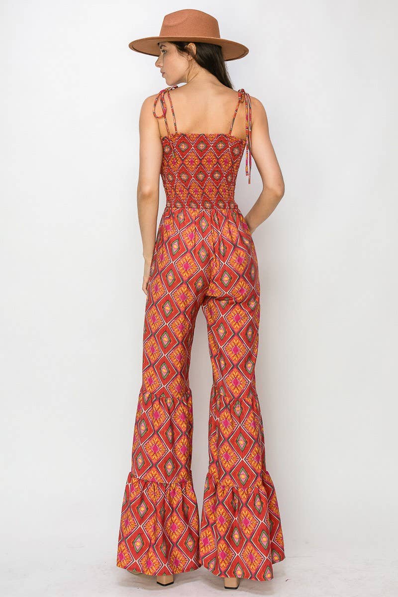 Boho Print Smocked Flared Jumpsuit 