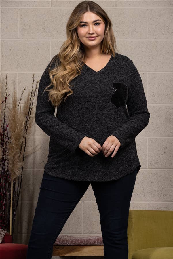 Sequins Patch Pocket Knit Plus Size Top