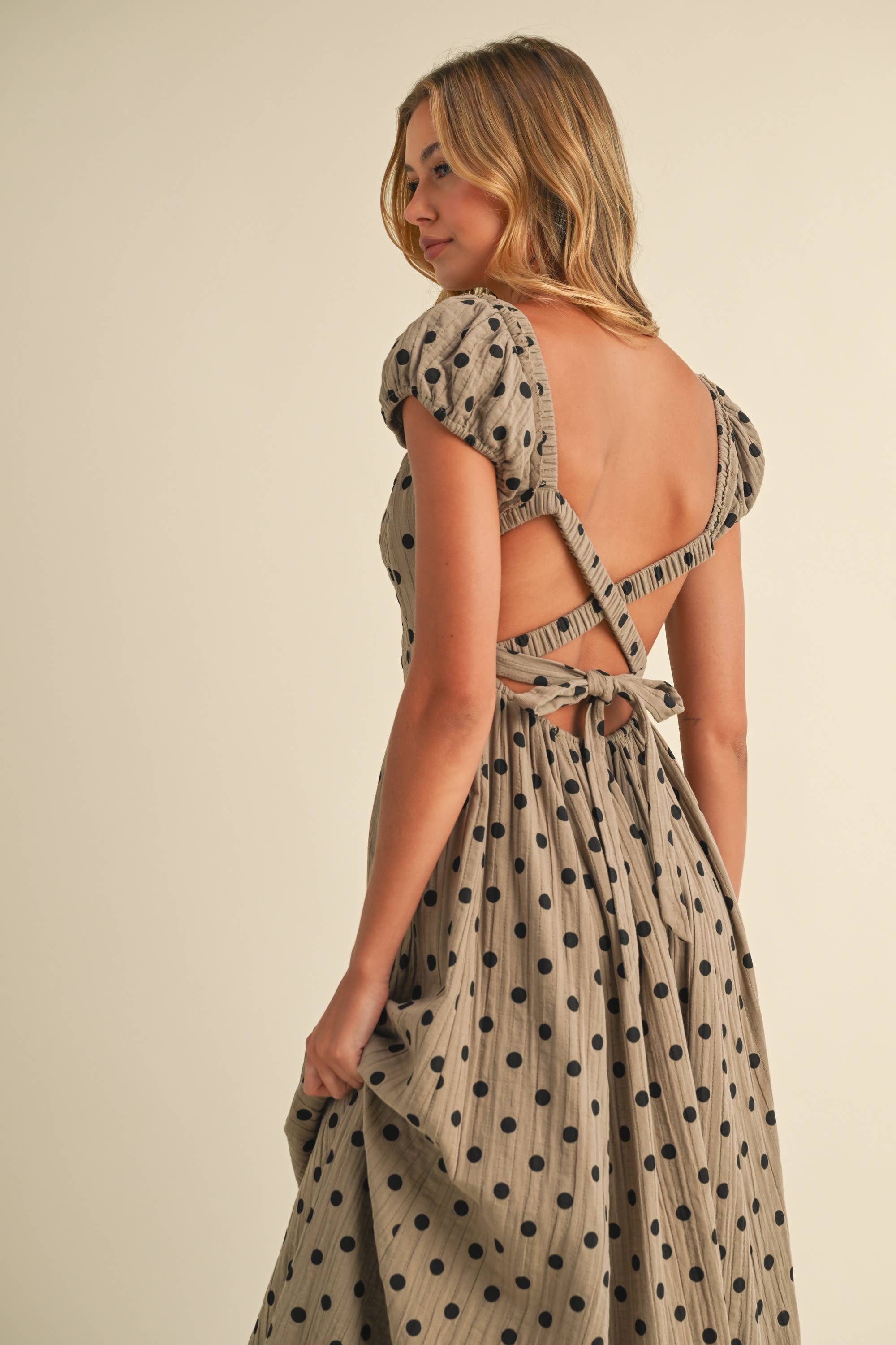 Polka Dot Criss Cross Open Back Smocked Maxi Dress