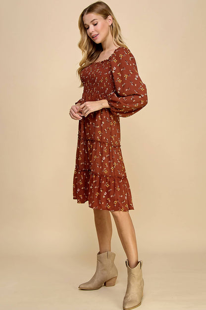 Tiered Floral Dress w/Smocking Long Sleeve 