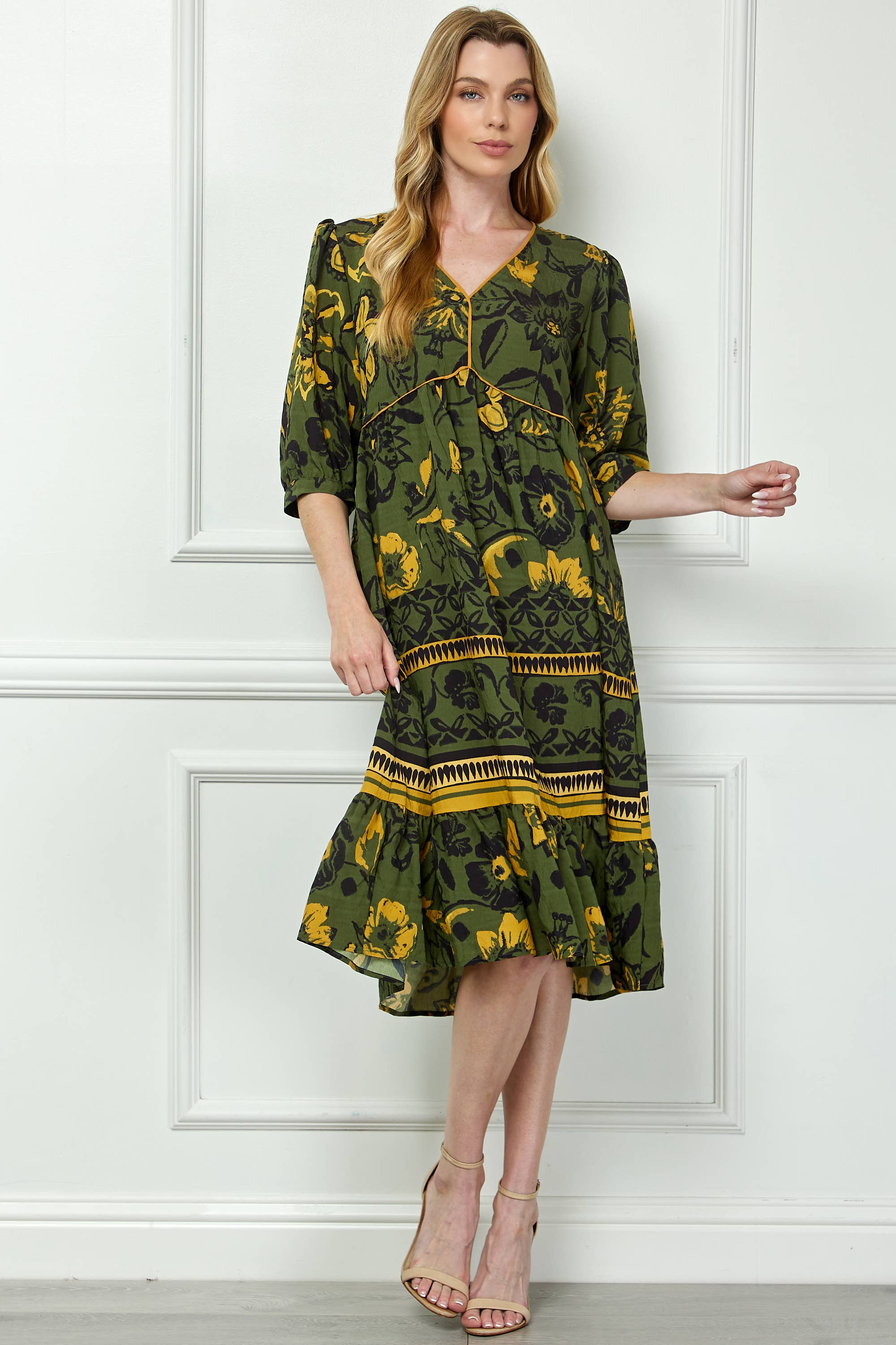 green peasant dress Boho Print Peasant Dress / The Emerald Fox Boutique Olive / XL