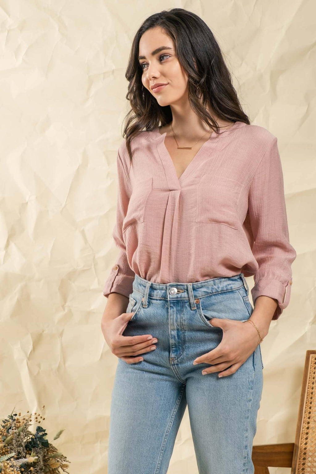 Split Neck Back Button 3/4 Tab Sleeve Top