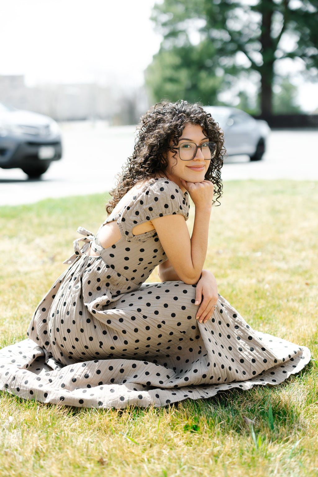 Polka Dot Criss Cross Open Back Smocked Maxi Dress