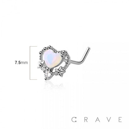 Opal Heart w/Center CZ Gem L-Shape Nose Ring