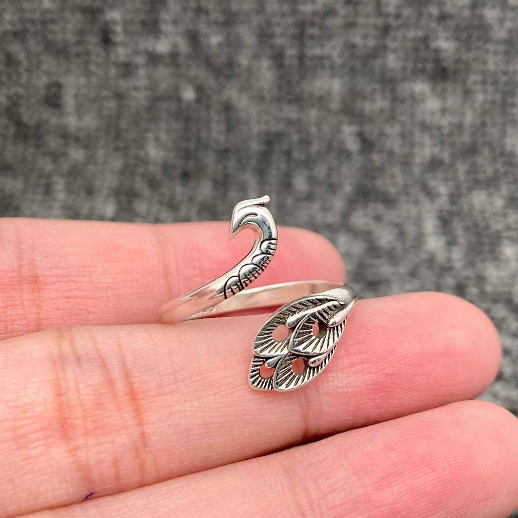 Silver Peacock Feather Adjustable Ring