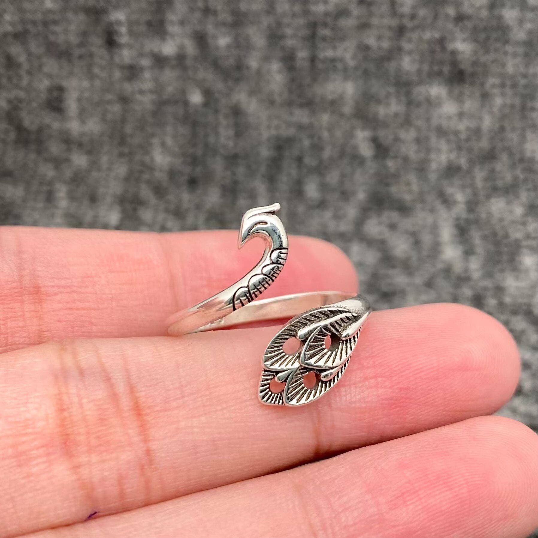 Silver Peacock Feather Adjustable Ring