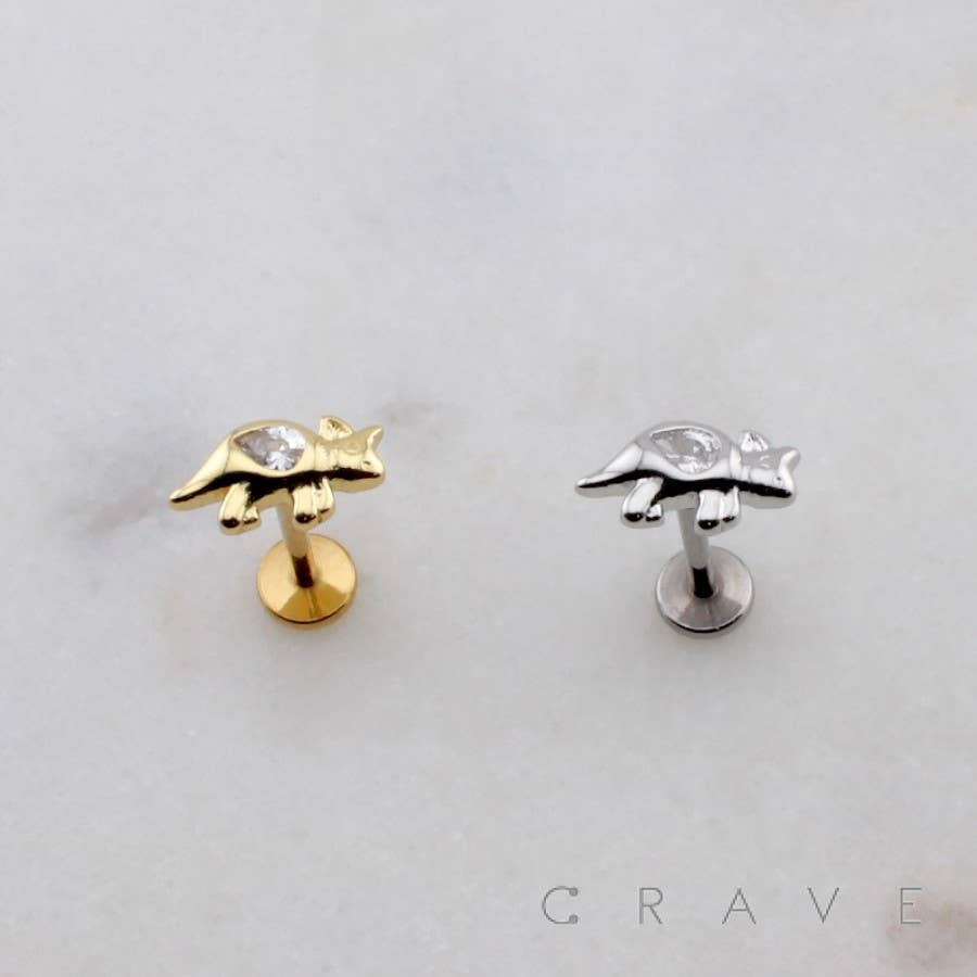 TEARDROP CZ TRICERATOPS DINOSAUR THREADLESS (PUSH IN) 316L S: SS-6MM