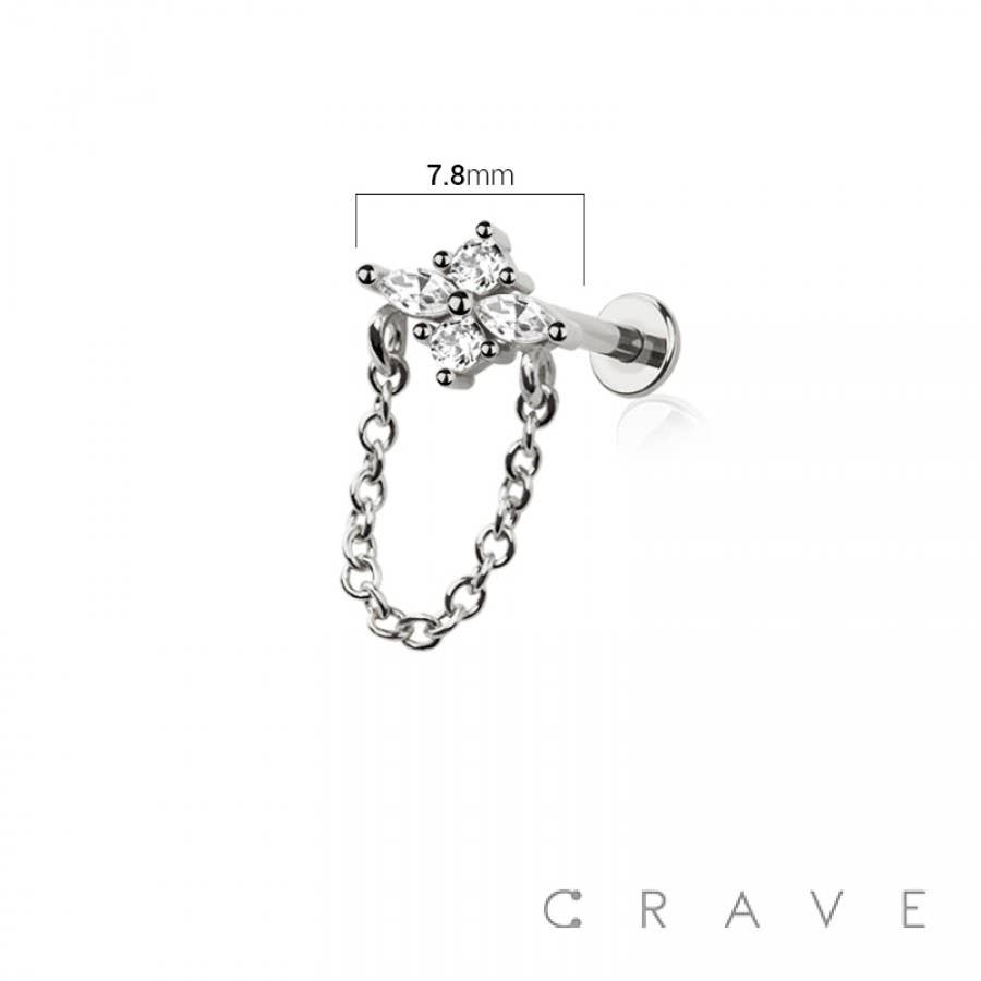 FLOWER MARQUISE CZ CHAIN TOP 316L SURGICAL STEEL THREADLESS: GOLD/CLEAR 6MM