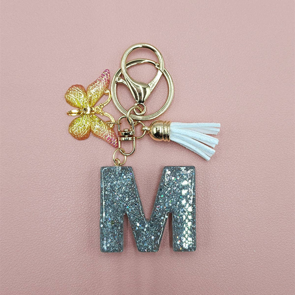 Silver Sequined Resin Letter Charm Keychains