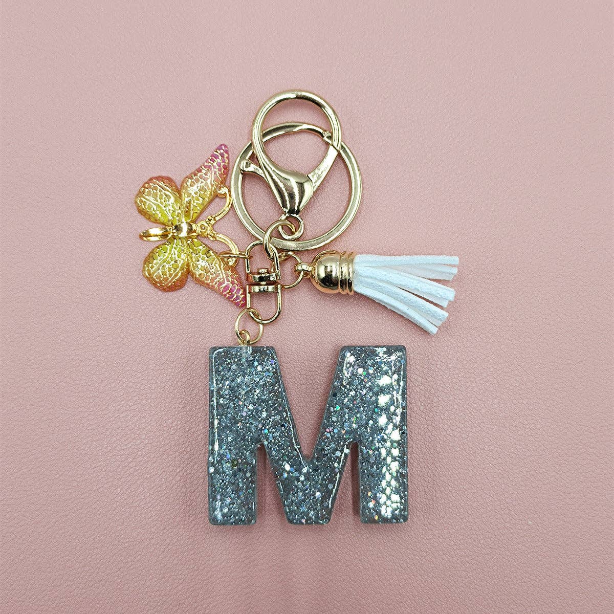 Silver Sequined Resin Letter Charm Keychains