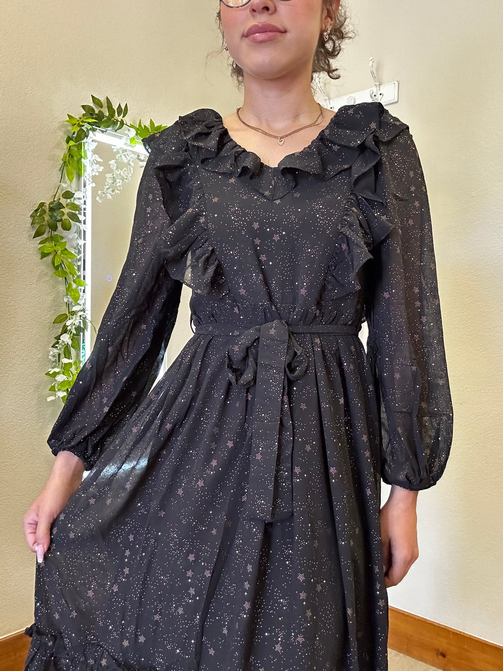 Shirred Chiffon Ruffle Midi Dress