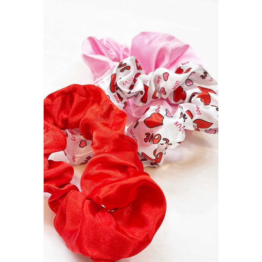 Heart Prints Pink Red Hair Scrunchie Set