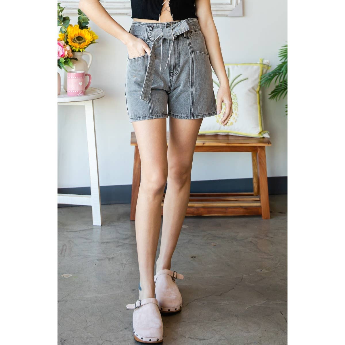 Waist Belted Denim Shorts