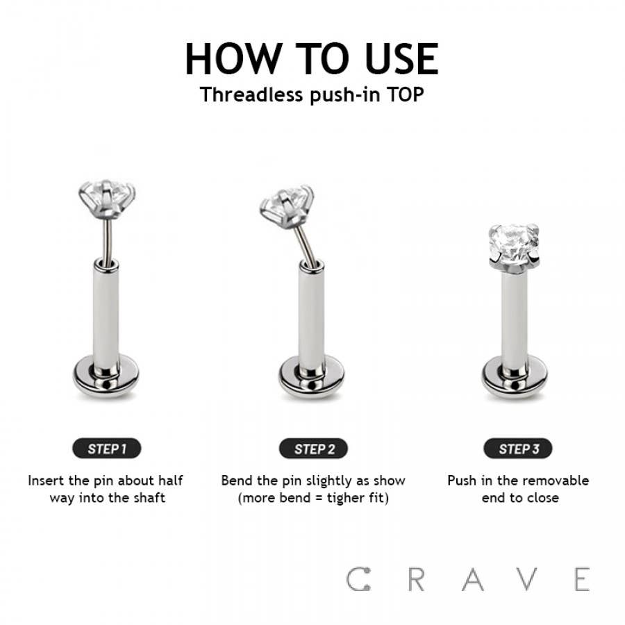 CURVED BAR DANGLE CLEAR HEART CZ CHAIN PUSH IN TOP 316L SURG: GOLD/CLEAR-18GA (1.0MM)-1/4" (6MM)