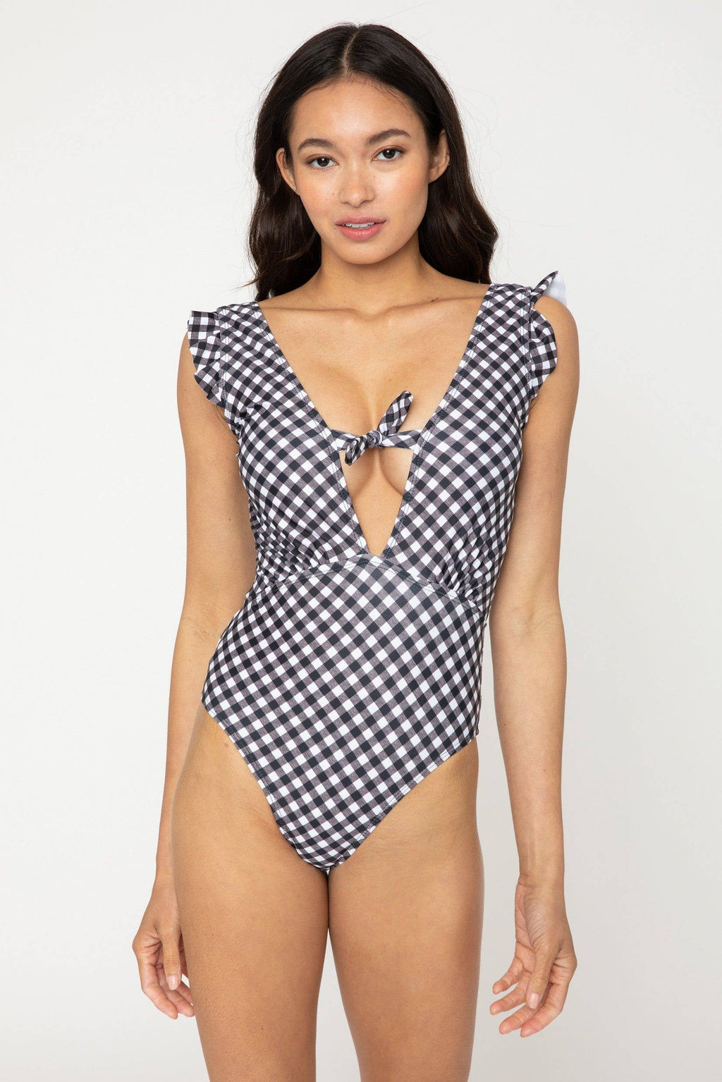 Low V-Neck Ruffle w/Tie One-Piece Swimsuit
