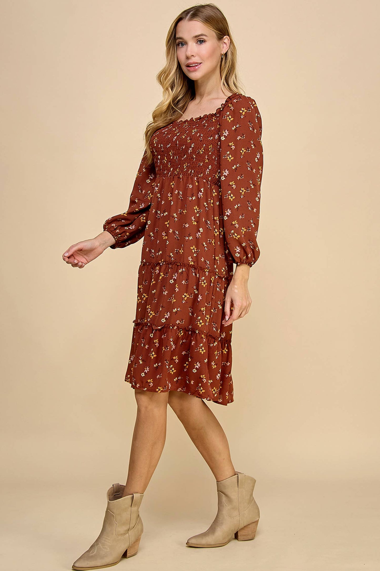Tiered Floral Dress w/Smocking Long Sleeve 