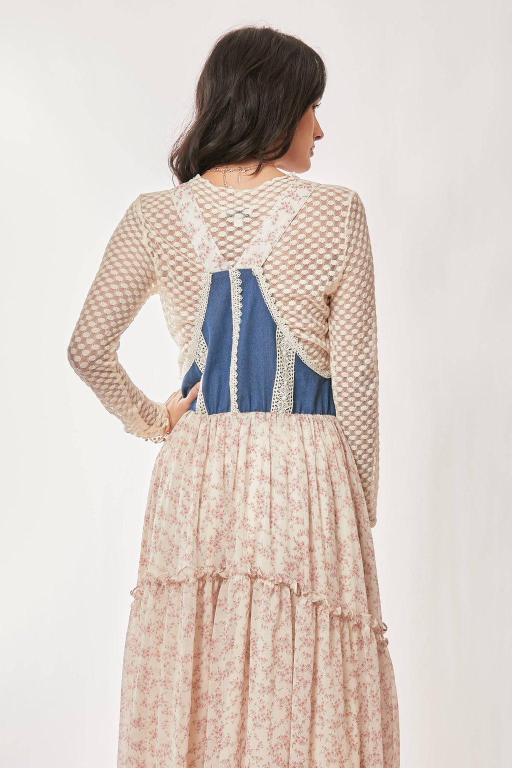 Denim w/Lace Overall Midi Dress