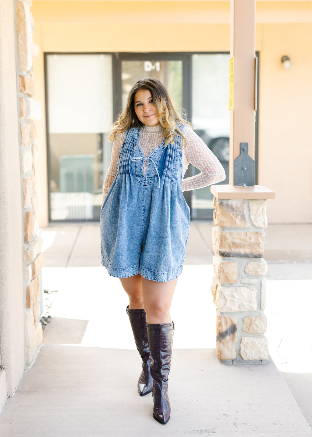 Front Pleated V Neck Sleeveless Denim Romper