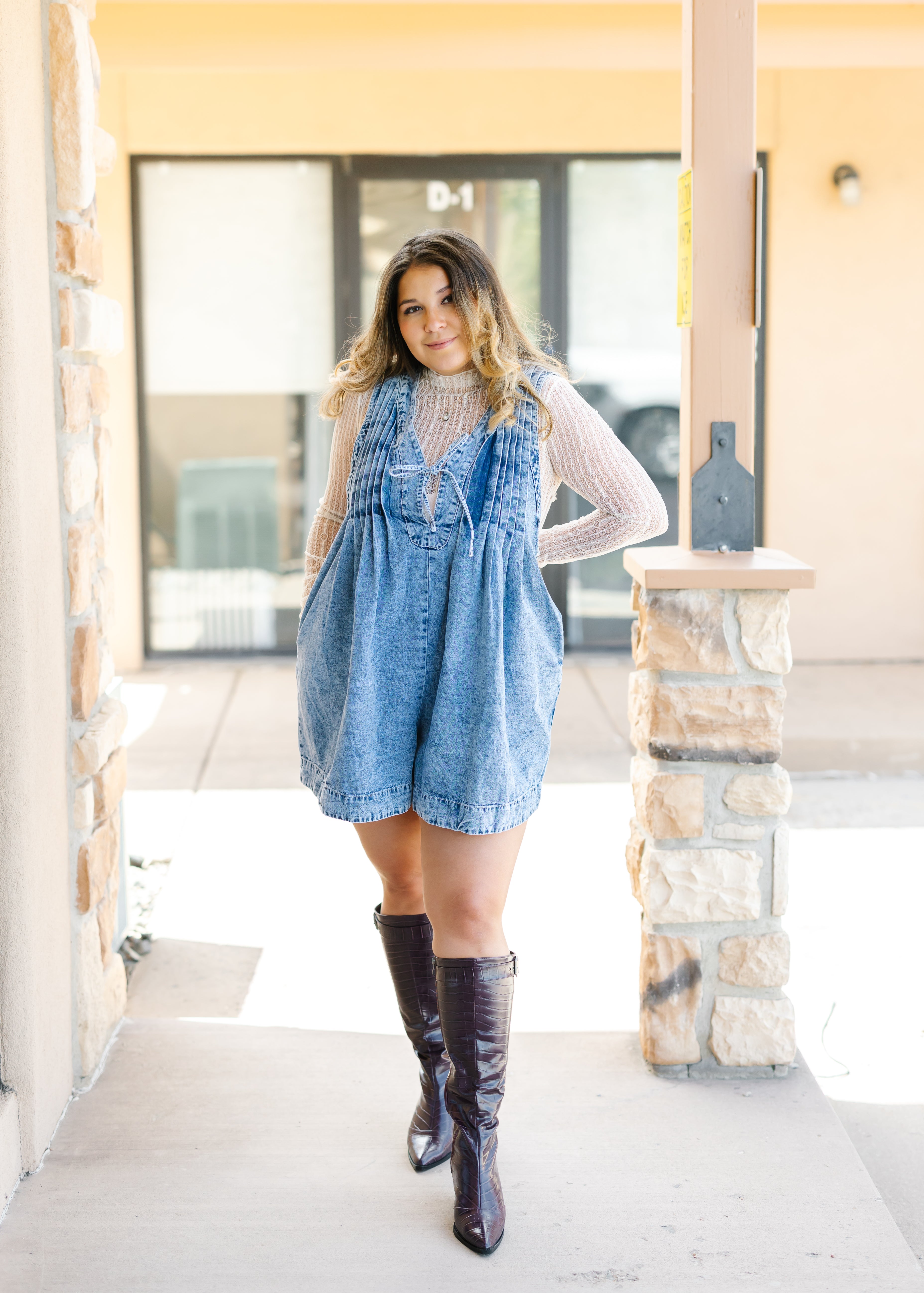 Front Pleated V Neck Sleeveless Denim Romper