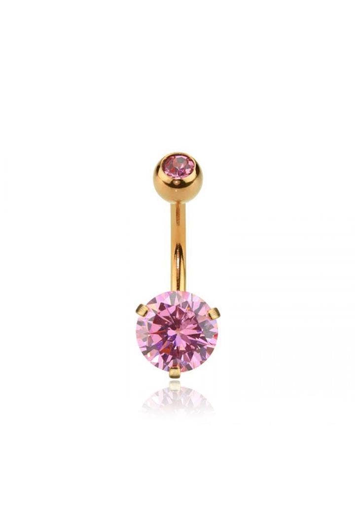Rose Gold Double Gem Prong Round CZ 316L Navel Ring