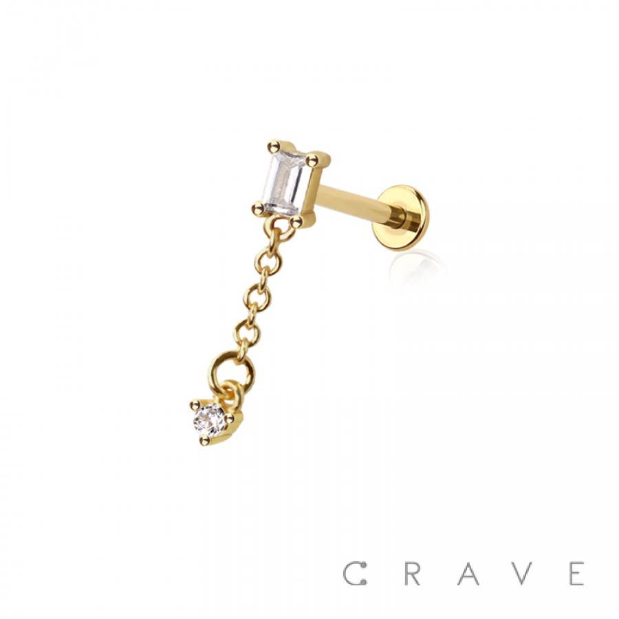 CZ BAGUETTE ROUND CZ DANGLE CHAIN TOP 316L SURGICAL STEEL TH: GOLD/CLEAR 6MM