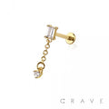 CZ BAGUETTE ROUND CZ DANGLE CHAIN TOP 316L SURGICAL STEEL TH: GOLD/CLEAR 6MM