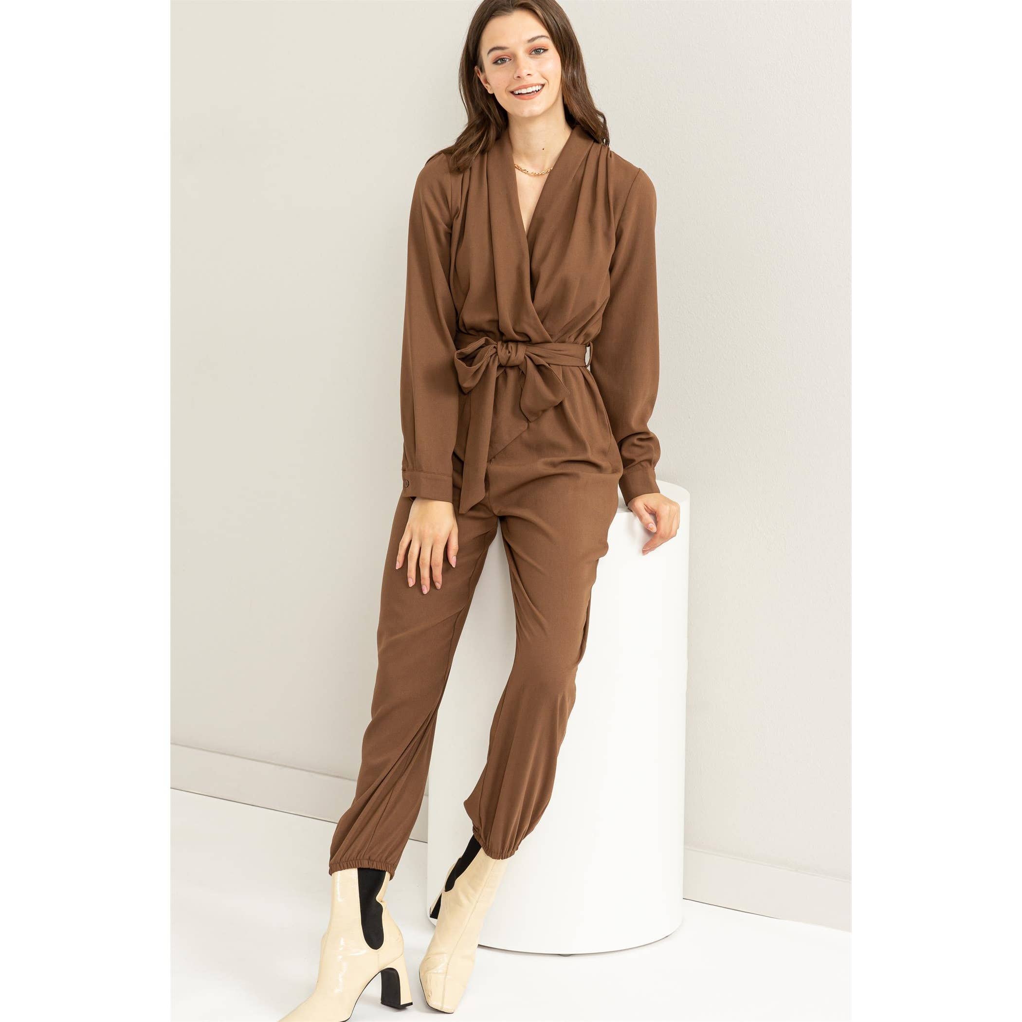 Weekend Outing Tie-Belt Long Sleeve Jumpsuit