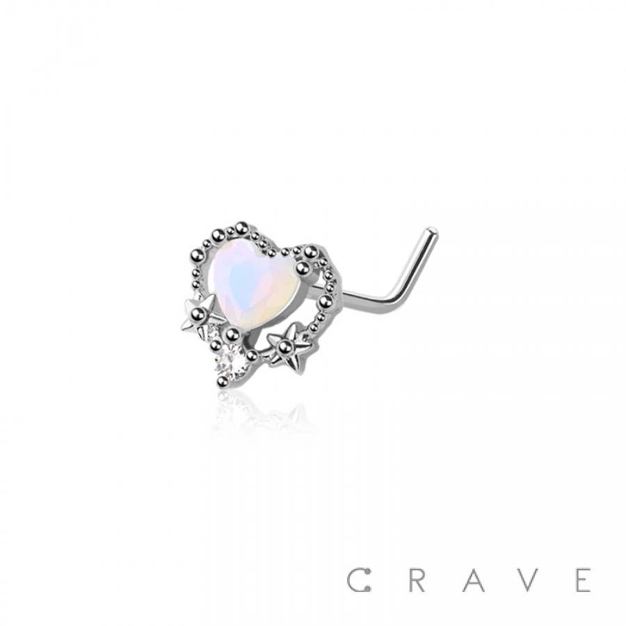 Opal Heart w/Center CZ Gem L-Shape Nose Ring