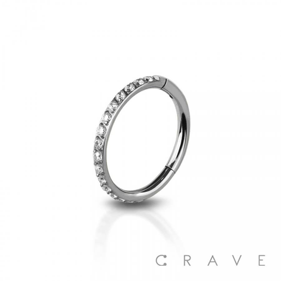 316L SS SIDE CZ HINGED SEGMENT RING FOR SEPTUM,HELIX, TRAGUS: 18GA (1.0MM)-1/4" (6MM)--SS/CLEAR