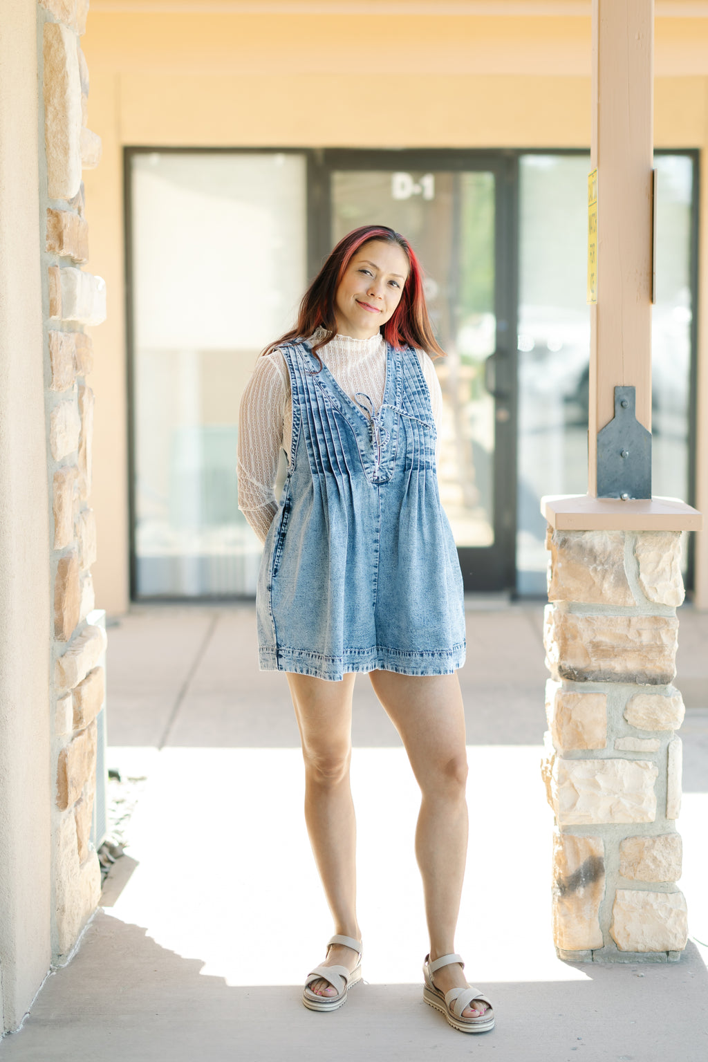 Front Pleated V Neck Sleeveless Denim Romper