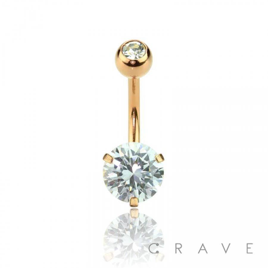 Rose Gold Double Gem Prong Round CZ 316L Navel Ring