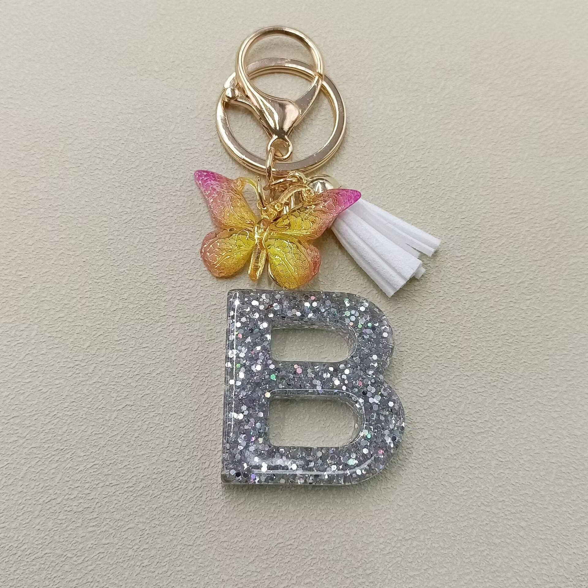 Silver Sequined Resin Letter Charm Keychains