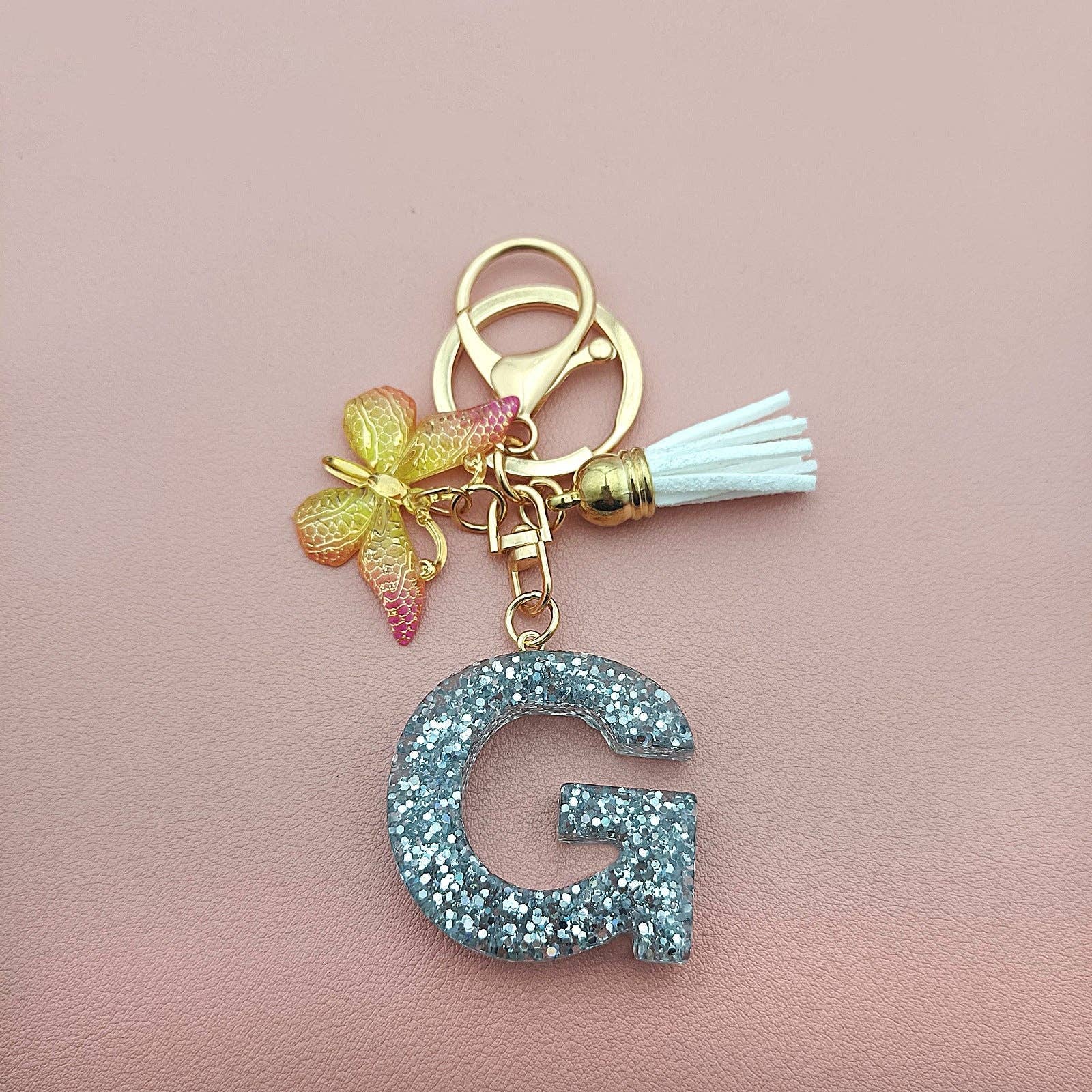 Silver Sequined Resin Letter Charm Keychains