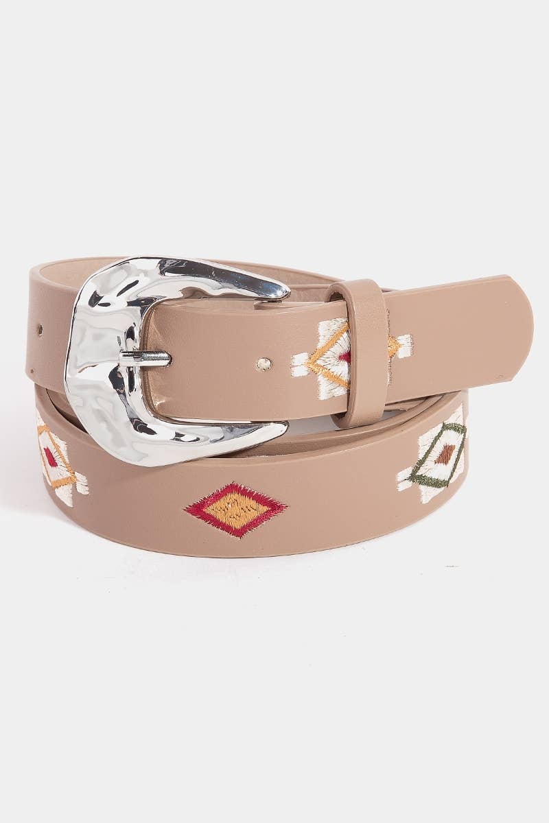 Boho Embroidered Pattern Vegan Leather Belt