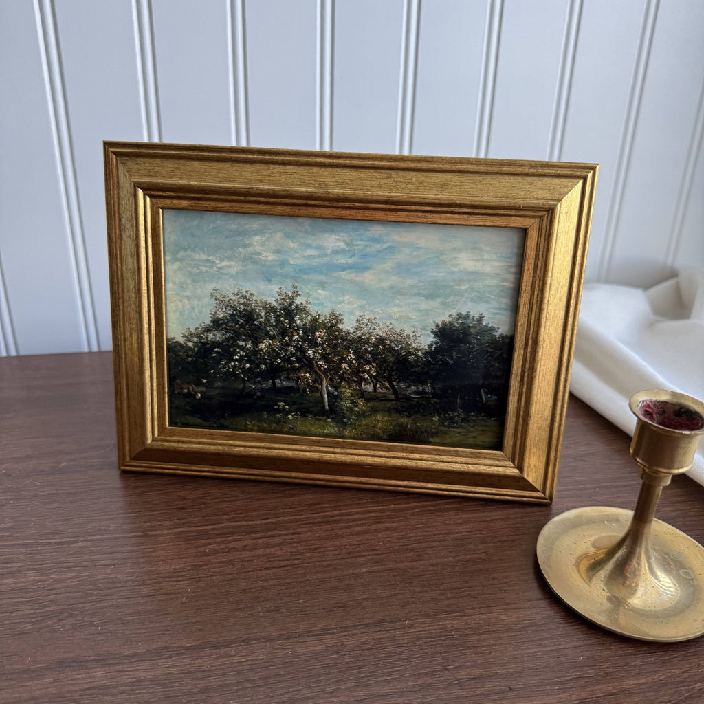 Vintage Style Cow in Apple blossoms landscape Print Framed