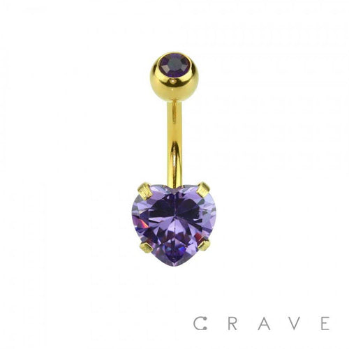 Gold Plated Prong Set Heart CZ 316L Navel Ring