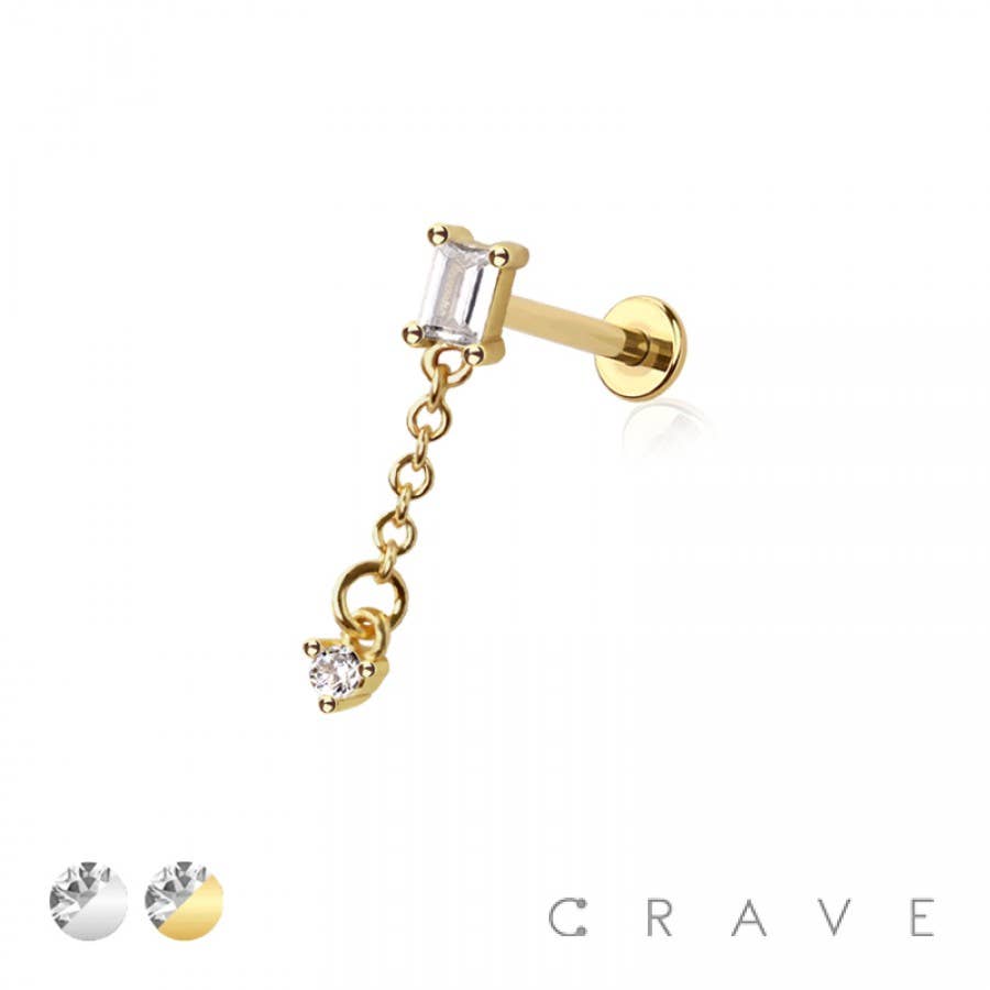 CZ BAGUETTE ROUND CZ DANGLE CHAIN TOP 316L SURGICAL STEEL TH: GOLD/CLEAR 6MM
