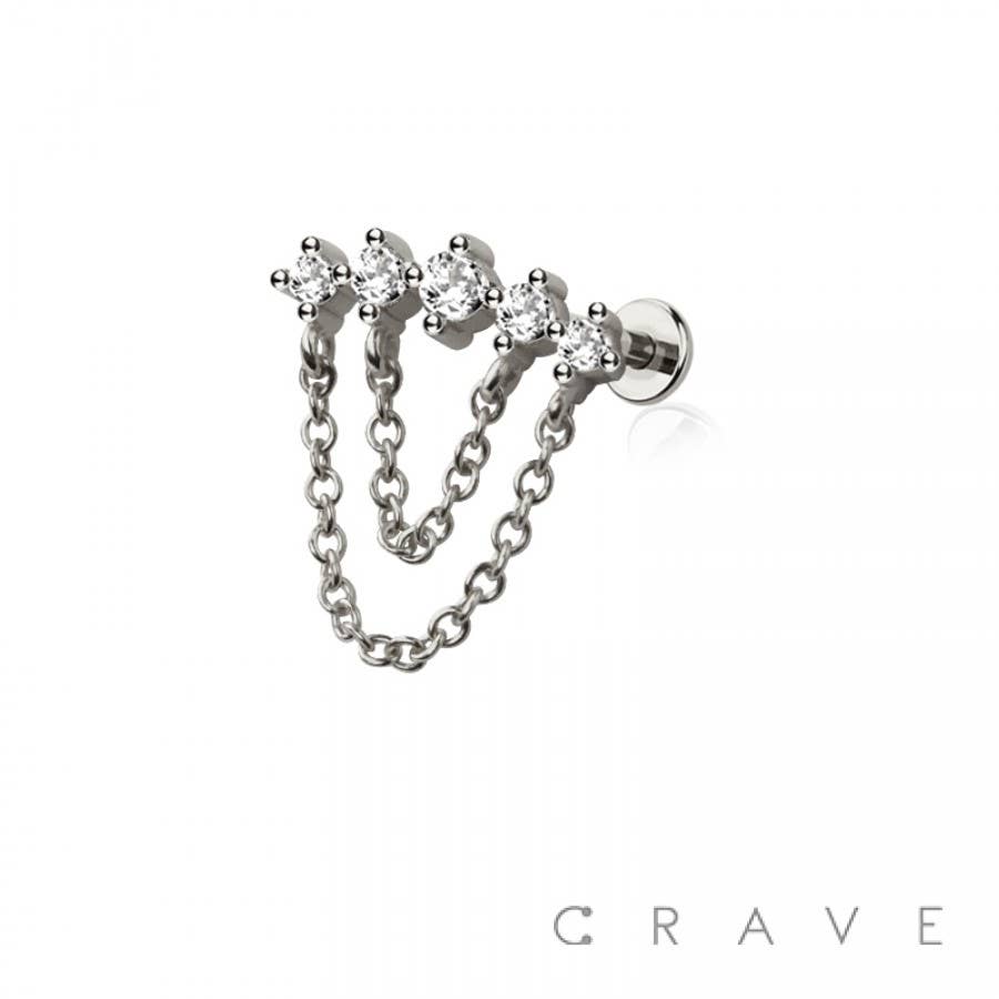 Multi Round CZ Dangle Chain Top Threadless Labret