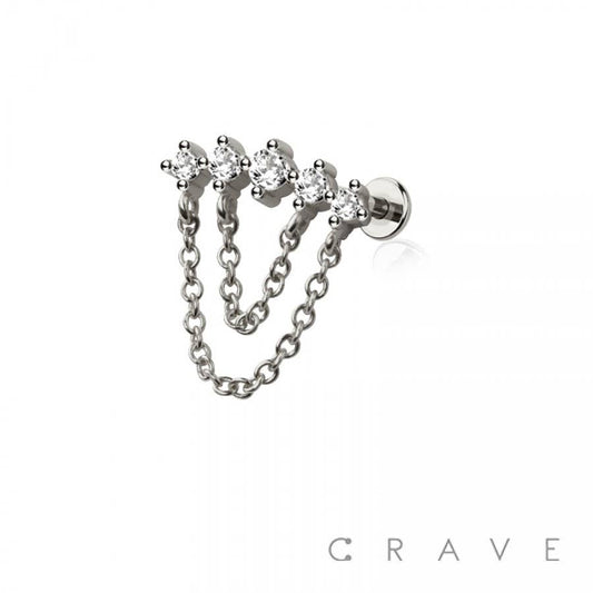 Multi Round CZ Dangle Chain Top Threadless Labret