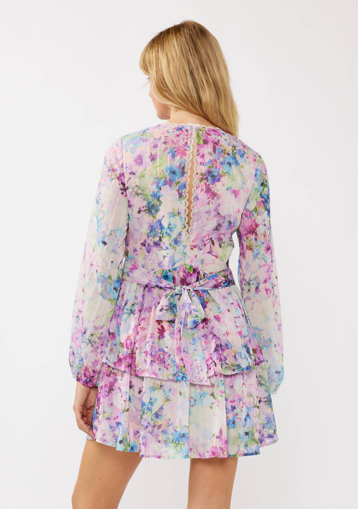 Watercolor Flower V-Neck Tiered Mini Dress