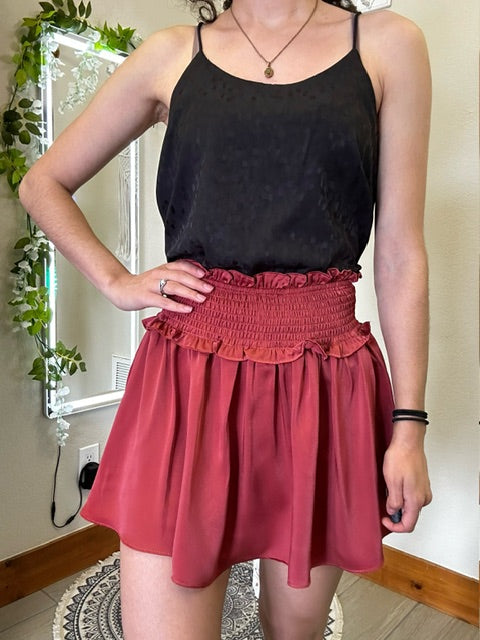 Woven Satin Mini Skirt w/smocked Waistband and Shorts Lining