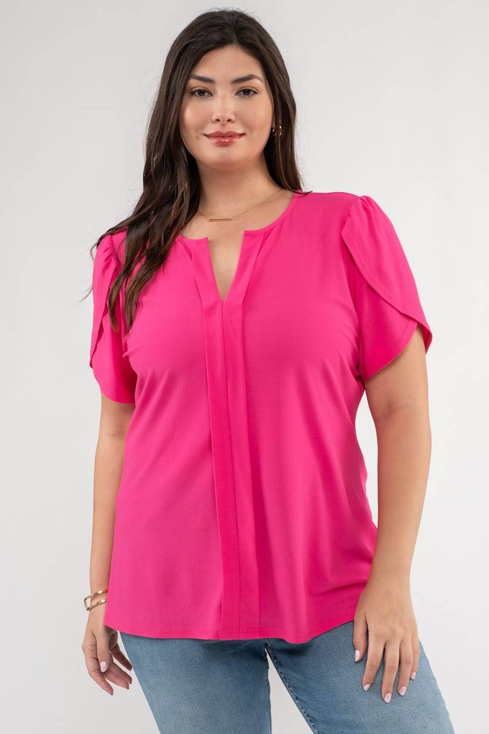 Plus Drape Sleeve Split Neck Top 