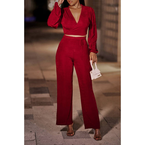 Solid V Neck Cross Crop Top and Pants Set