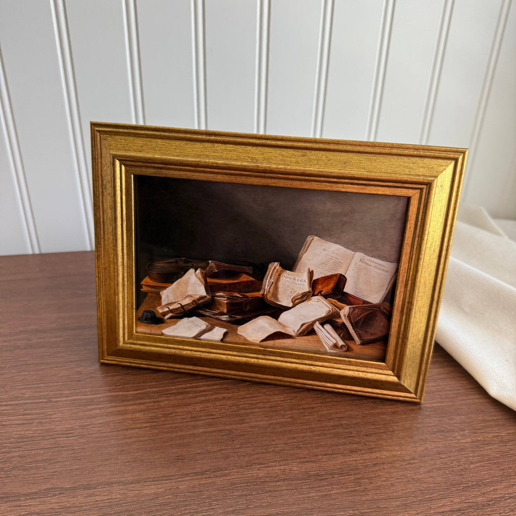 Vintage Style Stack of old books Still Life Art Print Framed