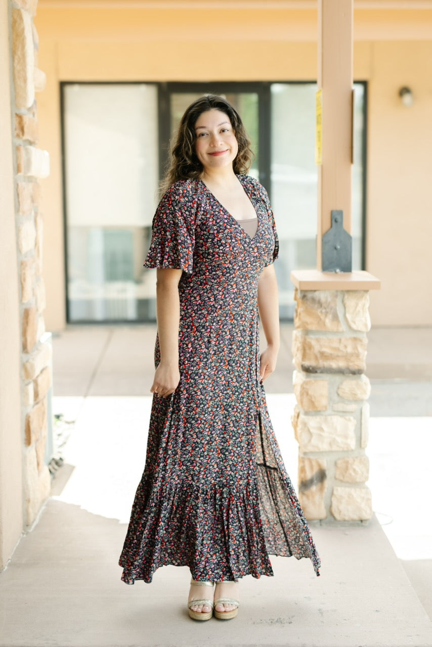Vintage Floral Print Flutter Sleeve Maxi Dress / The Emerald Fox Boutique Black/Fuchsia / S Vintage Floral Print Flutter Sleeve Maxi Dress / The Emerald Fox Boutique Black/Fuchsia / S