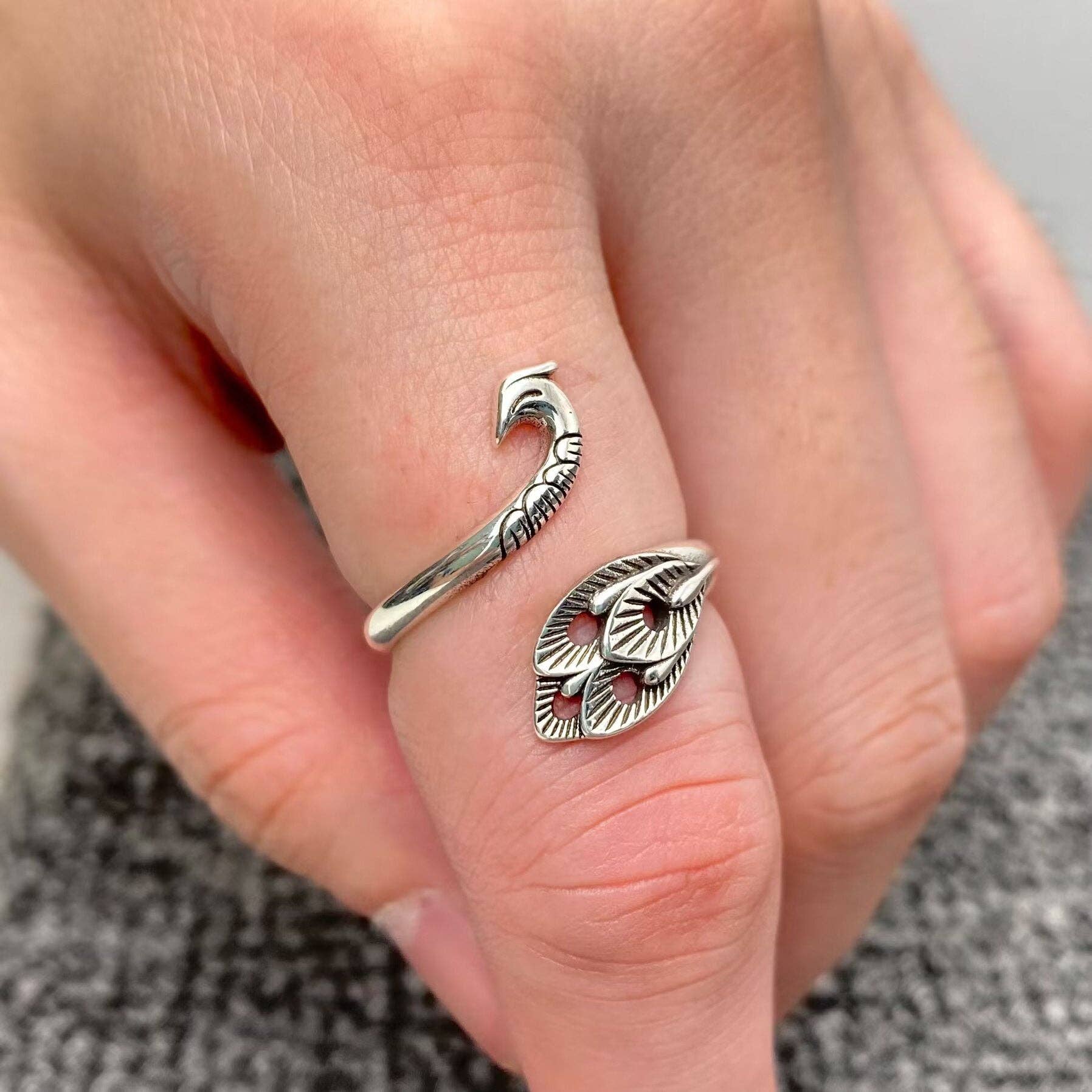 Silver Peacock Feather Adjustable Ring