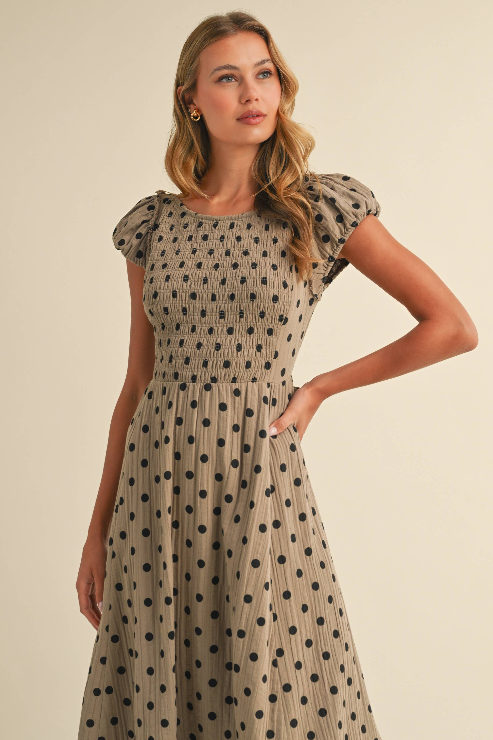 Polka Dot Criss Cross Open Back Smocked Maxi Dress