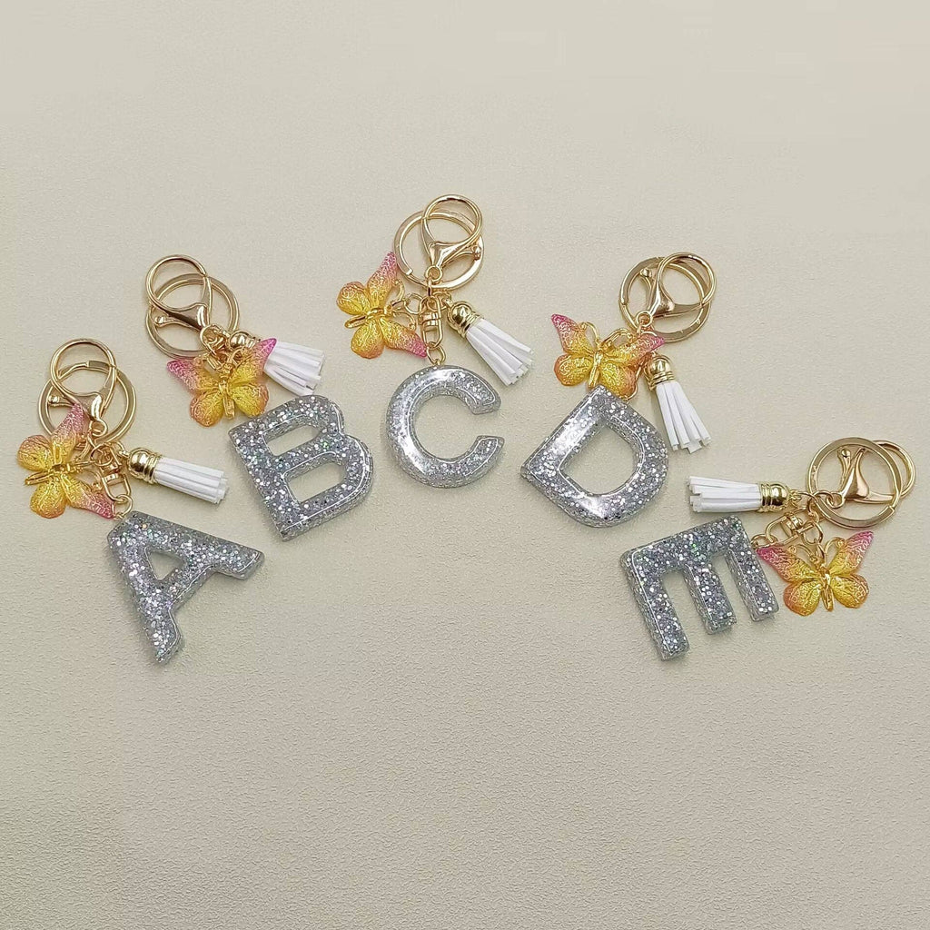 Silver Sequined Resin Letter Charm Keychains