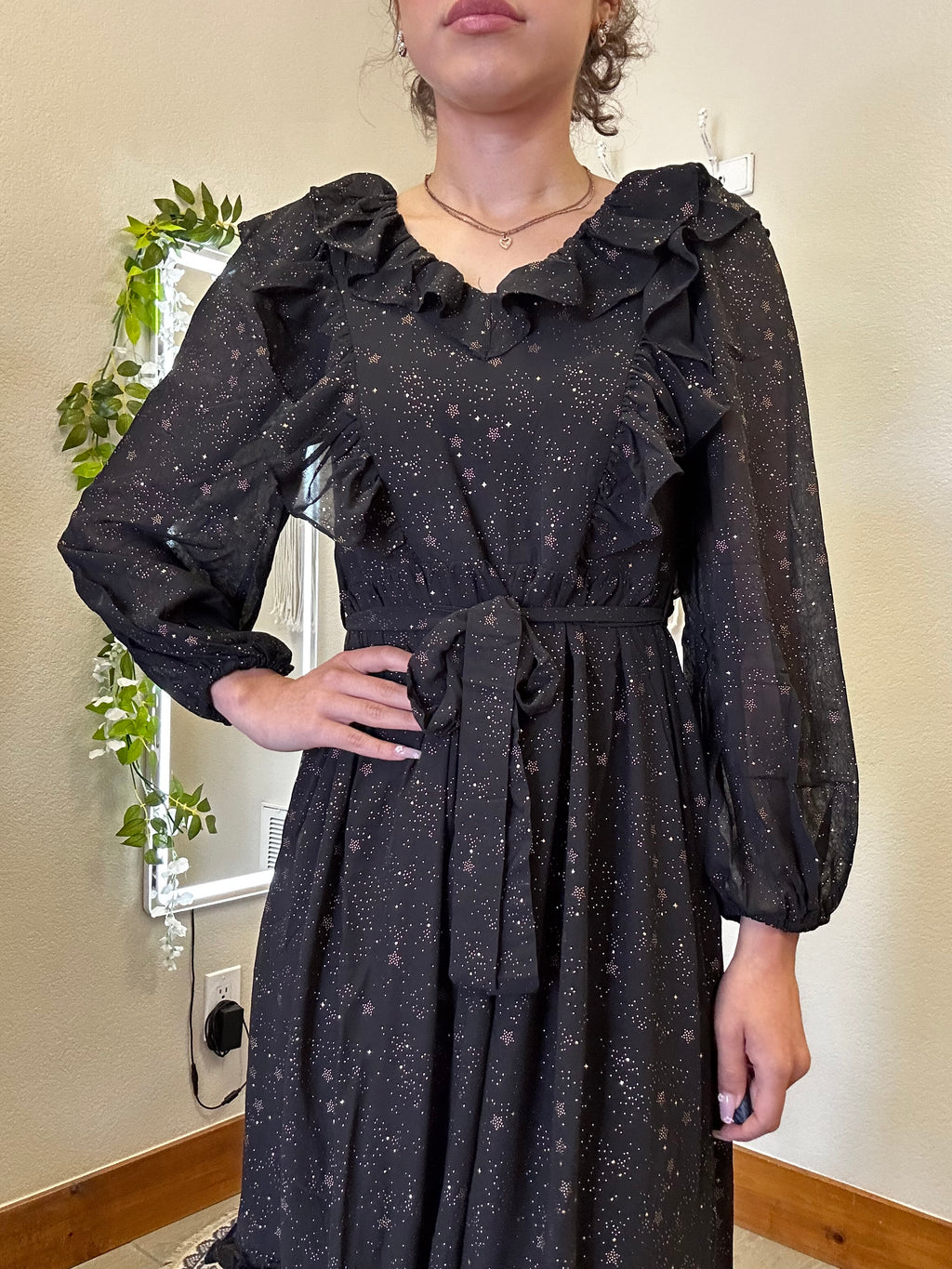 Shirred Chiffon Ruffle Midi Dress